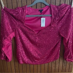Torrid Pink Sequin Fitted 3/4 Sleeve Blouse